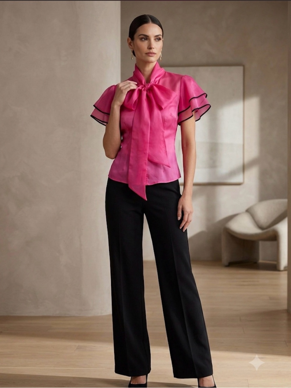 Ralph Lauren design.Purple label.Pink Tie-Neck Blouse and Black trim .